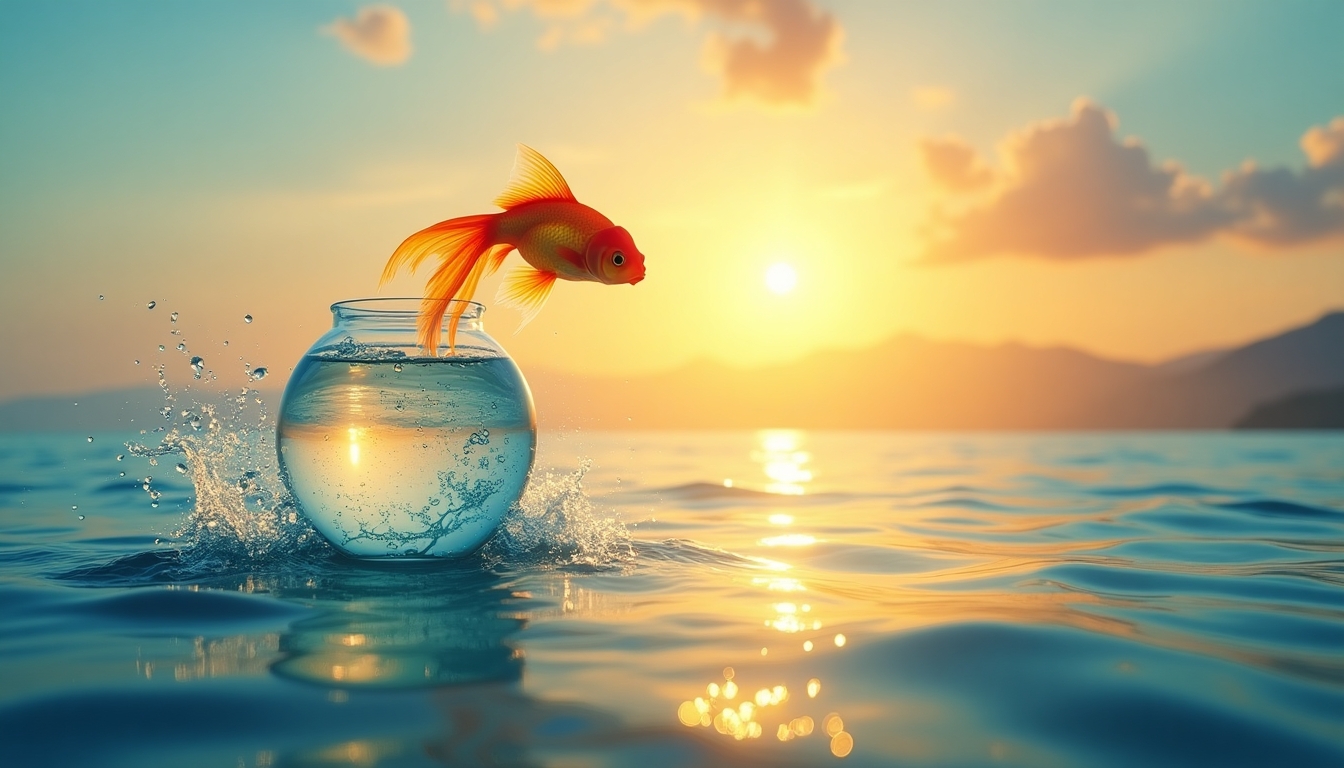 Create a vibrant and dynamic image of a goldfish leaping out of a crystal-clear fishbowl into the vast ocean, with the sun setting in the background casting golden hues over the water. The fish should appear full of energy, symbolizing freedom and adventure. The ocean should be detailed with gentle waves and sparkling reflections, and the background should include distant mountains for added depth. The overall mood should be one of liberation and exploration.