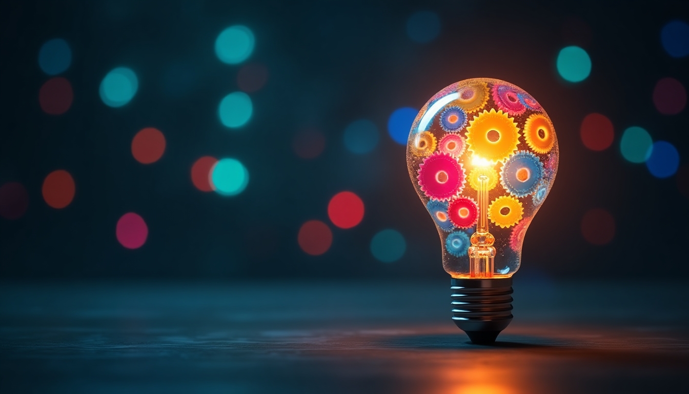 Create an image of a glowing light bulb with a transparent glass filled with colorful gears of various sizes. The gears should be interlocking and appear to be floating inside the bulb, emitting a vibrant light from within. The background should be a dark gradient with soft bokeh lights in different colors to enhance the depth and focus on the light bulb. The overall tone should convey innovation, creativity, and the integration of technology and ideas.