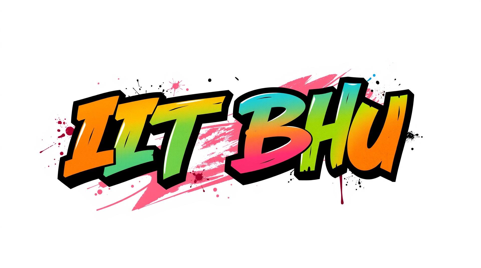 
Create a graffiti-style design with "IIT BHU" in bold, dynamic lettering. The text should be vibrant and edgy, incorporating sharp angles and flowing curves, giving it an urban street art vibe. Use a combination of bright, energetic colors like neon greens, blues, and oranges with spray paint-like textures to add depth and energy to the letters. Add subtle splatter effects and shadowing around the text for a raw, artistic feel. The design should have an urban, rebellious flair while maintaining a clean, legible appearance for "IIT BHU". it should have a non serious funky look.