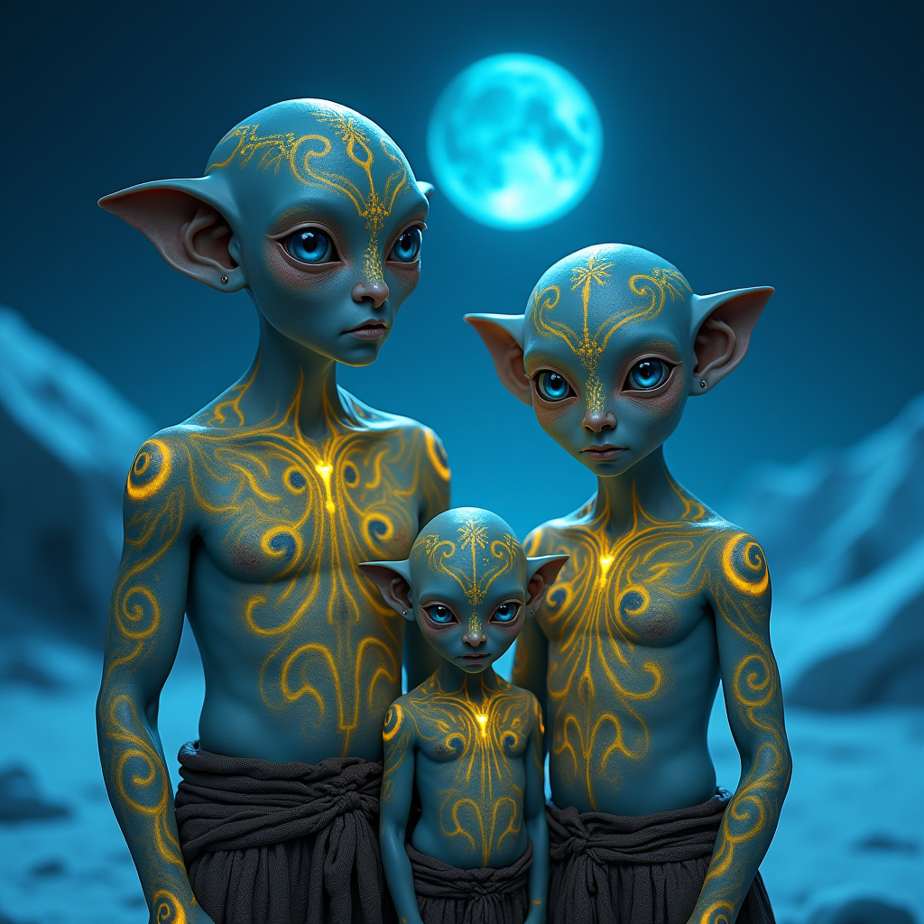 A photorealistic image of a light-skinned, hairless alien family with large, piercing light-blue eyes. The father, mother, and child are adorned in intricate yellow indigenous tattoos and traditional clothing, standing under the intense glowing, biolumenscent, limes, purples, spiral swirls night skies moonlight night in the icey, frozen alien home landscape