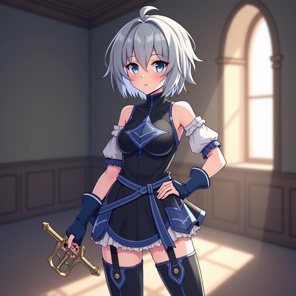 a female, she is short, she has silver short hair, white hair highlights, blue eyes, wearing black and blue combat leotard, thigh high black and blue combat boots with heels, medieval room, anime, flat rapier attached to her hip, blue sash on her other hip