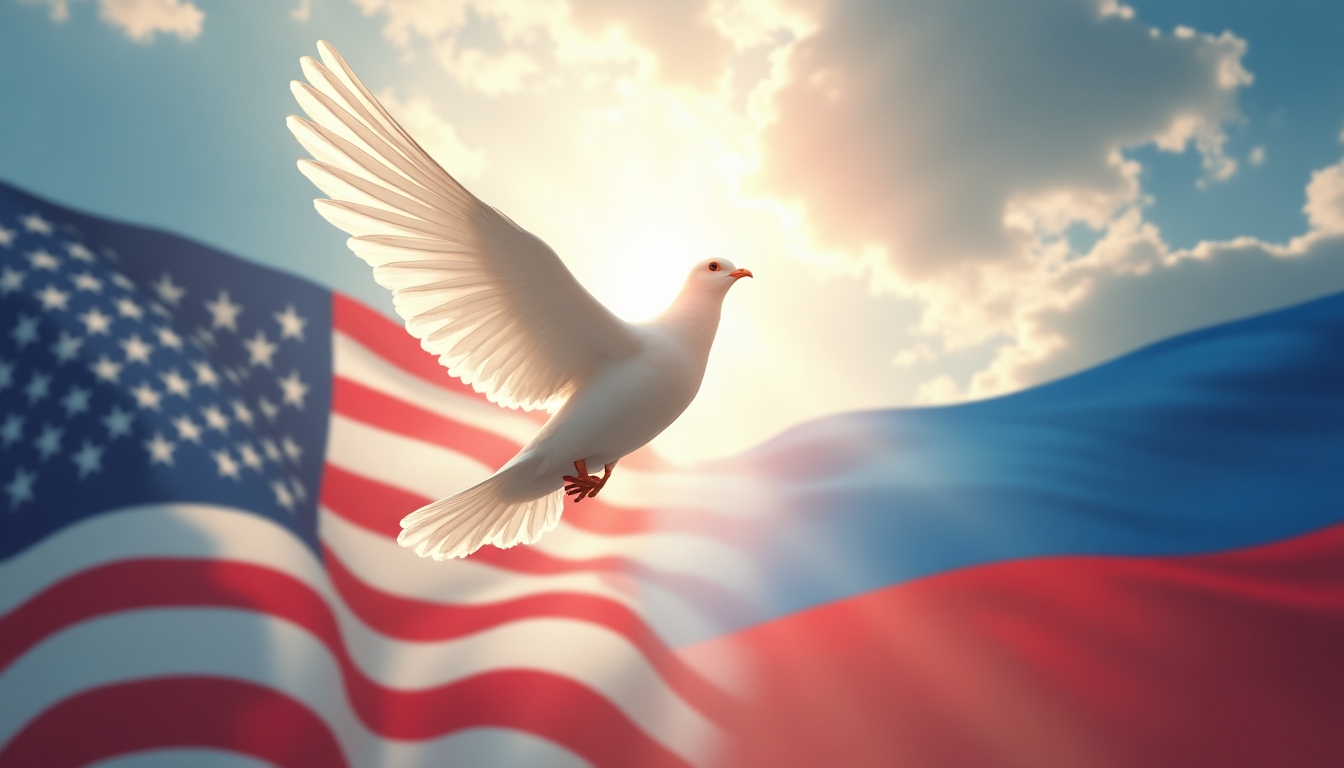 "Design an inspiring image that captures the essence of peace negotiations between the USA and Russia. Inspired by the previous chessboard scene, imagine a majestic white dove with wings outstretched, carrying an olive branch, flying high above a tapestry of the American and Russian flags merged together. Set the scene against a backdrop of a serene, luminous sky where rays of sunlight pierce through dispersing clouds, symbolizing a fresh start and optimism. Let the dove be bathed in a warm, ethereal light, underscoring its significance as a harbinger of peace. The flags should emit a soft, harmonious light, suggesting a shared aspiration for peace. The layout should be lively, with the dove's wings capturing the spirit of liberation and tranquility."