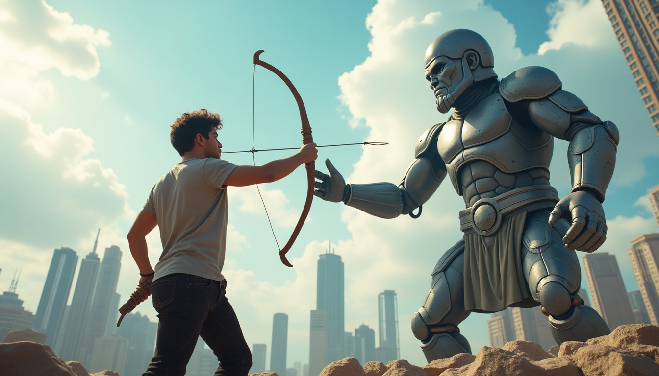 Visualize David in modern times, wearing casual clothes, confronting Goliath, depicted as a skyscraper with a human face. David is equipped with a digital slingshot, symbolizing technology's power. The background features a futuristic cityscape