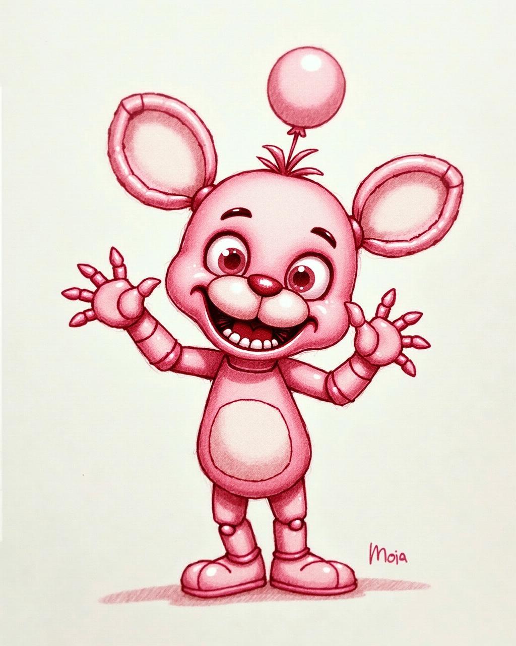 Pencil sketch of JJ from Five Nights at Freddy's is a small, toy-like animatronic with a pinkish-red color scheme. She has a balloon on her head and large, round eyes. She doesn't typically carry weapons, but she is known to be mischievous. Her pose often shows her holding her hands up in a playful, almost threatening manner drawn on some paper

