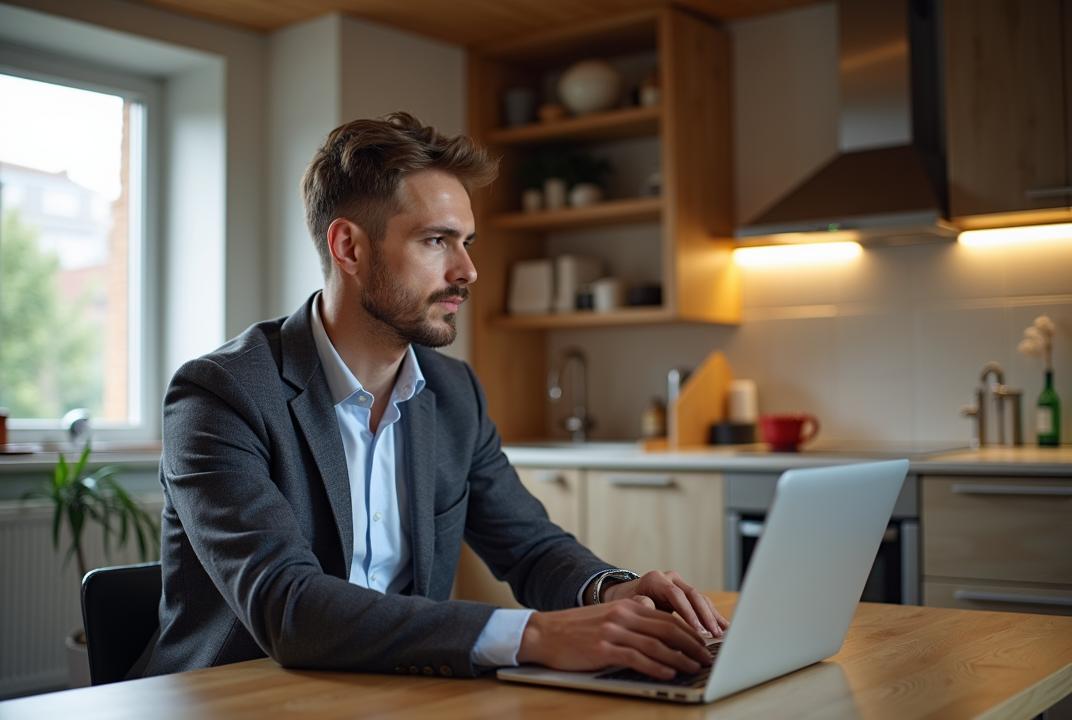 Erstelle ein realistisches Foto von: Ein attraktiver Mann aus Österreich, ca. 35 Jahre alt, sitzt am Esstisch in einer kleinen, gemütlichen Wohnung in Salzburg. Die Wohnung ist modern eingerichtet und er arbeitet an einem Laptop. Der Mann trägt gemütliche Businesskleidung, welche für zuhause geeignet ist. Weitwinkel-Bild, seitlicher Blick auf den Mann, der Mann sitzt mehrere Meter entfernt und ist im ganzen erkennbar. Im Hintergrund sieht man die Küche und ein Fenster mit Blick nach draußen. Ultrarealistisches Photo.
