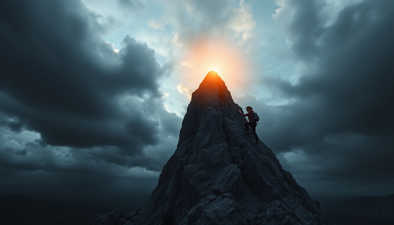 A symbolic representation of overcoming challenges: a woman climbing a tall, jagged mountain with a glowing summit that represents success and hope. The climber is halfway up, gripping onto the rocky surface with determination, and surrounded by dark clouds that gradually clear as they ascend. Below, the ground is shadowy and bleak, while the sky above the summit is radiant with golden light, symbolizing achievement and perseverance. The scene is highly detailed, with an inspirational and uplifting atmosphere.