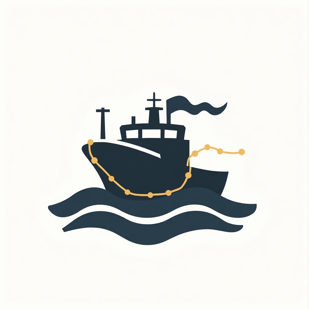 Minimalist vector logo of a cargo ship on waves, featuring a global trade route line, modern and clean line art style, geometric and professional, dual-tone color scheme (dark blue and white or black and gold), representing reliability and international e-commerce. Simple yet powerful design, ensuring clear visibility at any size.
