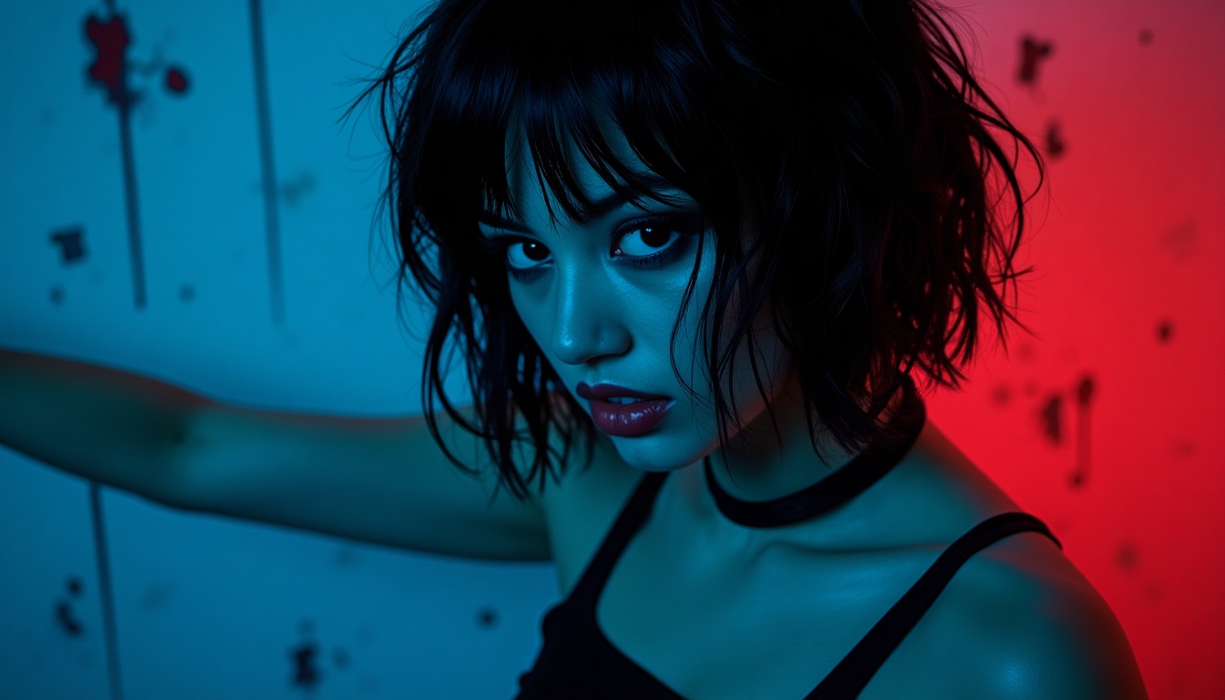 
Create an image of a mysterious manga style woman with short, tousled black hair, bathed in dramatic blue and red neon lighting. Her expression should be enigmatic, with a hint of intensity, as she extends one arm out, creating a dynamic pose. The background should be a gritty, urban setting with peeling paint, enhancing the contrast between her and the environment. The lighting should emphasize her features and create a sense of depth and moodiness.