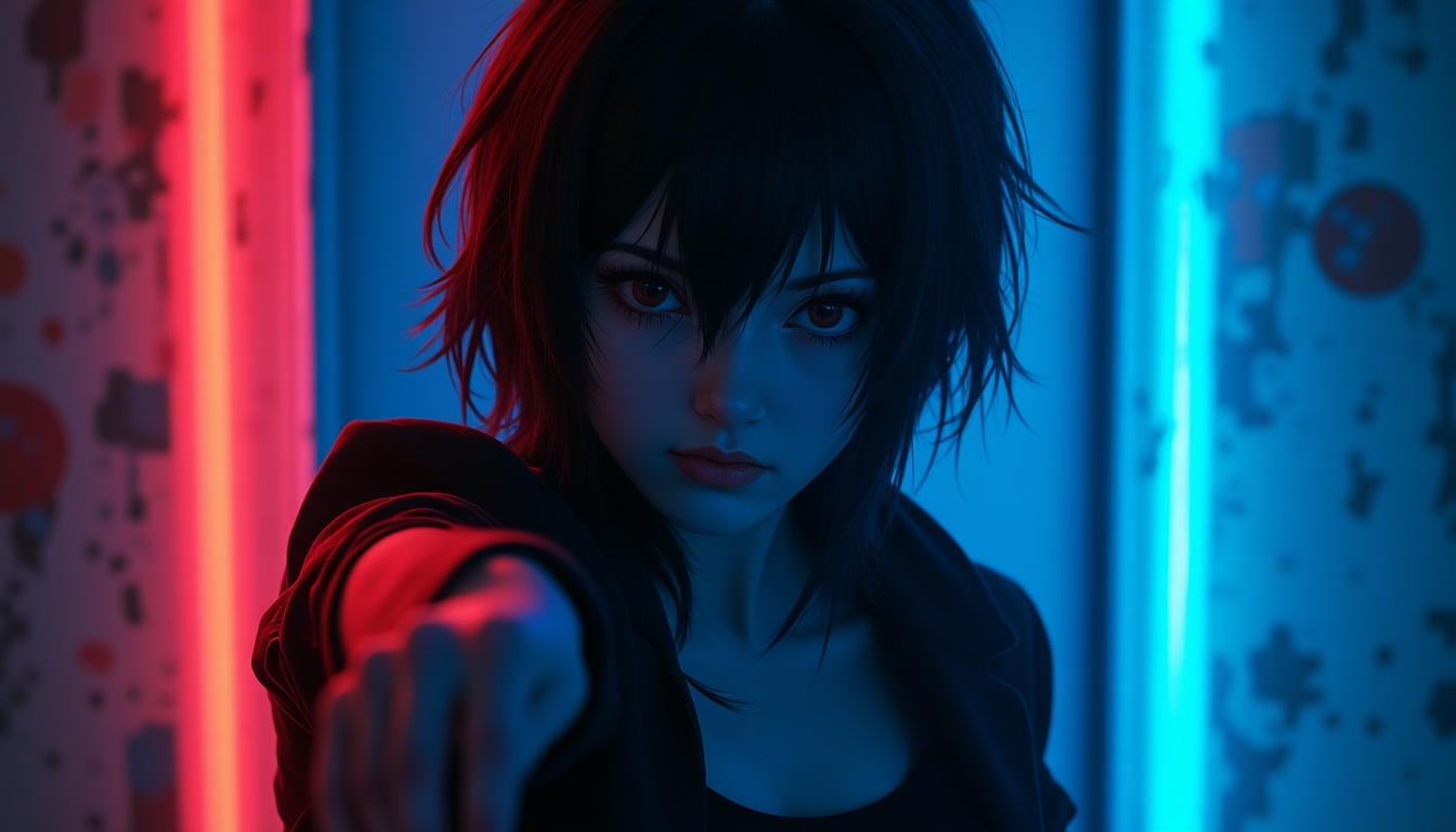 
Create an image of a mysterious anime style woman with short, tousled black hair, bathed in dramatic blue and red neon lighting. Her expression should be enigmatic, with a hint of intensity, as she extends one arm out, creating a dynamic pose. The background should be a gritty, urban setting with peeling paint, enhancing the contrast between her and the environment. The lighting should emphasize her features and create a sense of depth and moodiness.