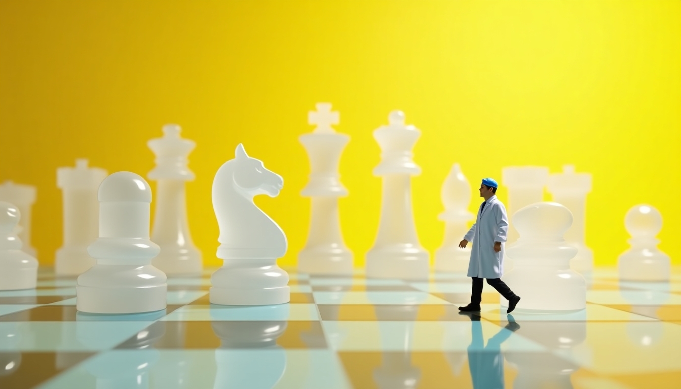 Create a visually striking image inspired by the concept of a miniature scientist exploring a giant chessboard. The scene should feature a tiny figure in a white lab coat and blue cap, walking across a reflective chessboard with oversized, translucent chess pieces in the background. The background should be a vibrant yellow to contrast with the cool tones of the chess pieces and the chessboard. The image should convey a sense of curiosity, exploration, and the blending of science and strategy. The lighting should be soft yet dramatic, enhancing the reflective surfaces of the chess pieces and the chessboard.