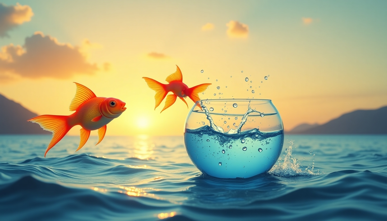 Create a vibrant and dynamic image of a goldfish leaping out of a crystal-clear fishbowl into the vast ocean, with the sun setting in the background casting golden hues over the water. The fish should appear full of energy, symbolizing freedom and adventure. The ocean should be detailed with gentle waves and sparkling reflections, and the background should include distant mountains for added depth. The overall mood should be one of liberation and exploration.