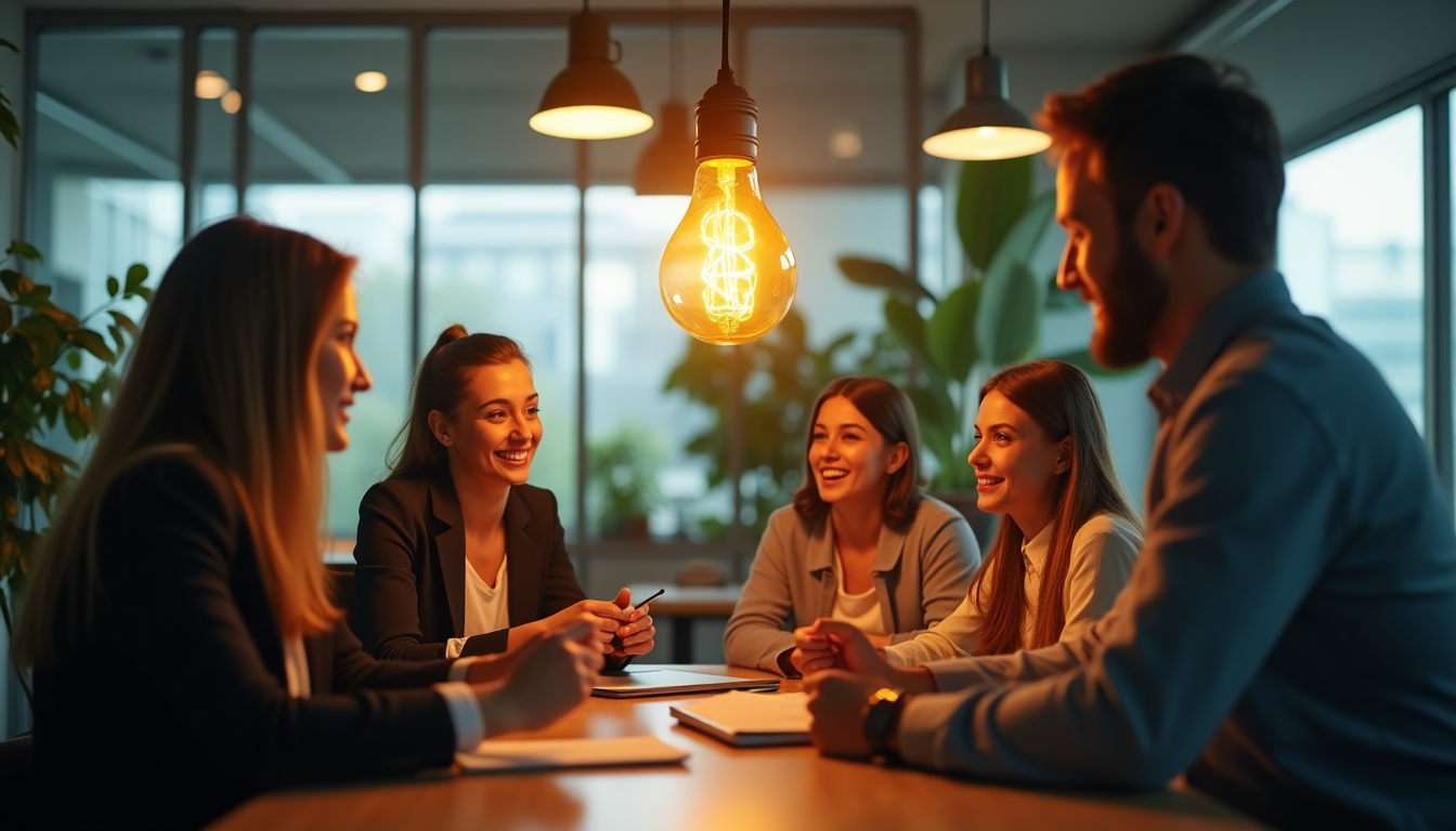 Create an image of a dynamic and energetic office environment where young creative business people are engaged in a collaborative meeting. The focus should be on the vibrant interaction among the team members, with a prominent light bulb hanging from the ceiling symbolizing innovation and ideas. The background should include modern office decor with plants adding a touch of nature. The lighting should be bright and inspiring, highlighting the enthusiasm and creativity of the group. The image should convey a sense of progress, teamwork, and innovation