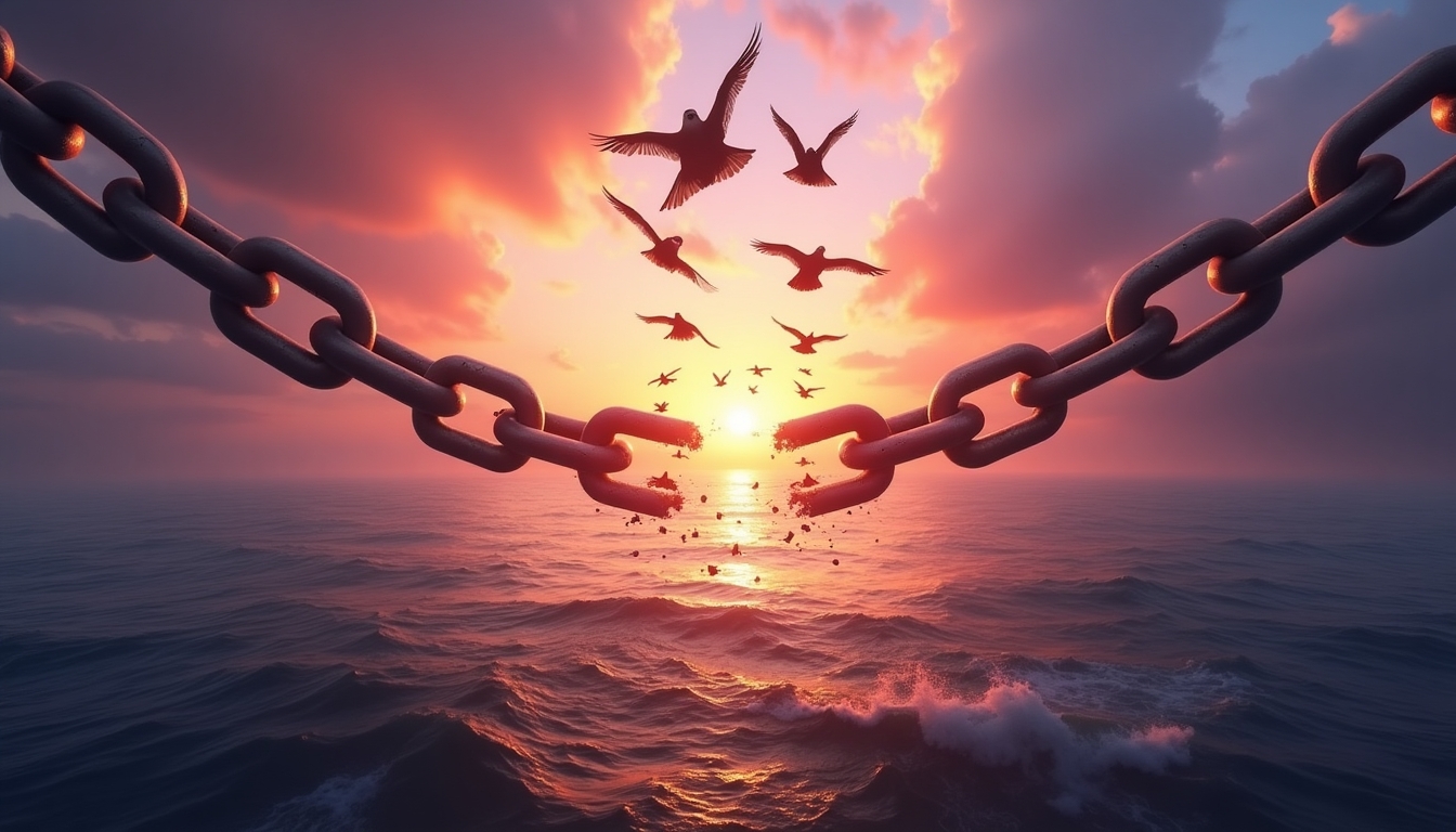 Create a powerful and evocative image titled 'On The Wings Of Freedom - Birds Flying And Broken Chains - Charge Concept.' The scene should depict a dramatic sunset over the ocean with a vibrant sky of purples, pinks, and oranges. At the center, a large, broken chain should stretch across the image, symbolizing liberation. From the break in the chain, a flock of birds should be flying upwards towards the sky, representing freedom and the breaking of constraints. The birds should be detailed and dynamic, capturing the essence of freedom. The overall mood should be one of triumph and release