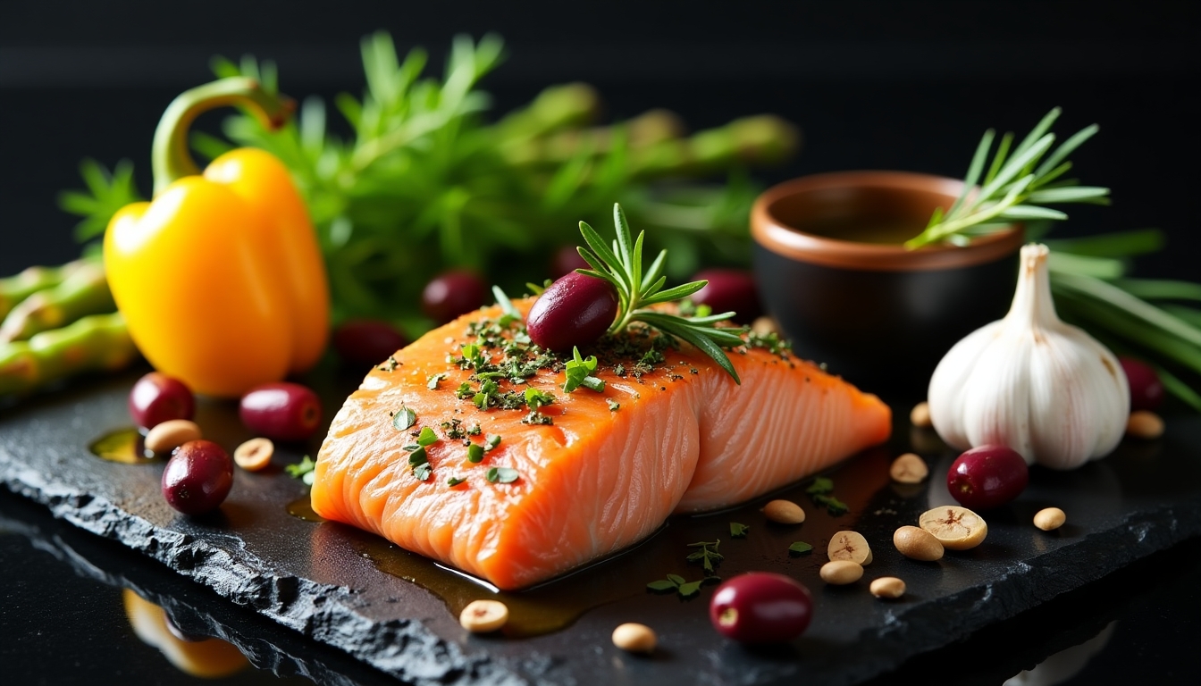 Generate an image showcasing a Mediterranean omega-3 diet. The image should feature a succulent fish steak as the centerpiece, surrounded by vibrant elements including olives, nuts, and fresh herbs. Place these items on a sleek black background to enhance the contrast and make the colors pop. Include a reflection on the surface to add depth. Add a yellow bell pepper and fresh asparagus for additional color and texture. A bowl of olive oil with a sprig of rosemary should be placed to the right, with a whole garlic bulb nearby. Ensure the lighting highlights the textures and colors of the food, making it look appetizing and healthy.