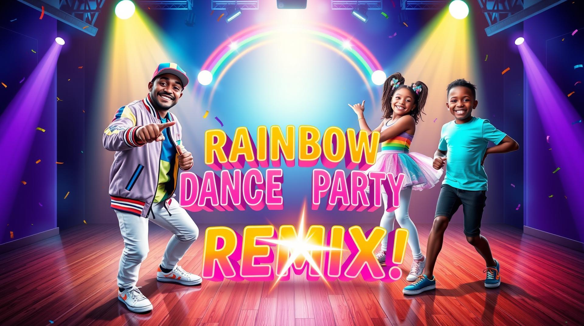 A bright, colorful dance party scene with a neon-lit stage. DJ Jazzy Ray, a 25-year-old male with medium brown skin, wears a colorful jacket with neon rainbow stripes, white sneakers, and a matching rainbow cap. He is at the center, smiling and pointing toward the viewer. Beside him, Sparkle, a 23-year-old female with light tan skin, wears a sparkly rainbow tutu, pastel leggings, glittery sneakers, and a star-shaped hair clip, doing a fun dance pose. Bop and Pop, the 10-year-old twin dancers with dark brown skin, are on either side, mid-dance, smiling excitedly. The background is glowing with swirling rainbow lights, confetti, and party effects. Large, bold text in the center reads 'RAINBOW DANCE PARTY REMIX!' in 3D neon rainbow letters with a glow effect. A fun, eye-catching arrow or explosion effect highlights the word 'REMIX!' to grab attention."