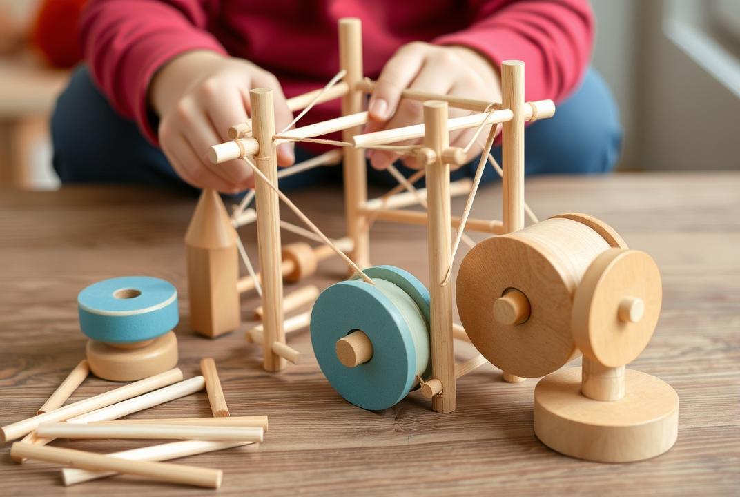  - A construction set made of wooden sticks and spools. Children can create various structures by connecting the pieces, fostering creativity and engineering skills. ;