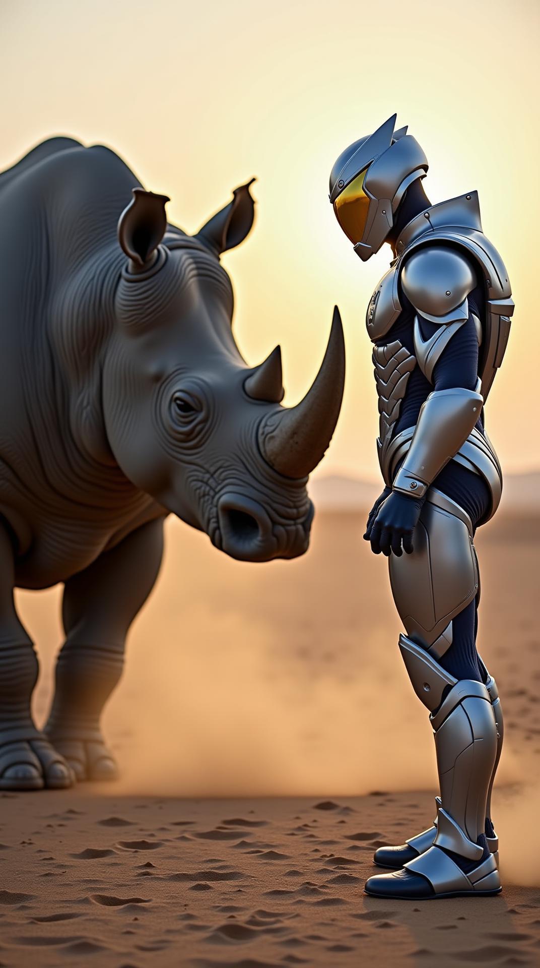 A rhinoceros with thick, battle-worn gray skin and a massive, sharp horn faces a Super Hero in a sleek, futuristic silver and blue armored suit. They stand in a vast desert, dust swirling around them. The rhino's muscles tense, ready to charge, while the hero's glowing visor reflects the fading sunset, both locked in a powerful stance.