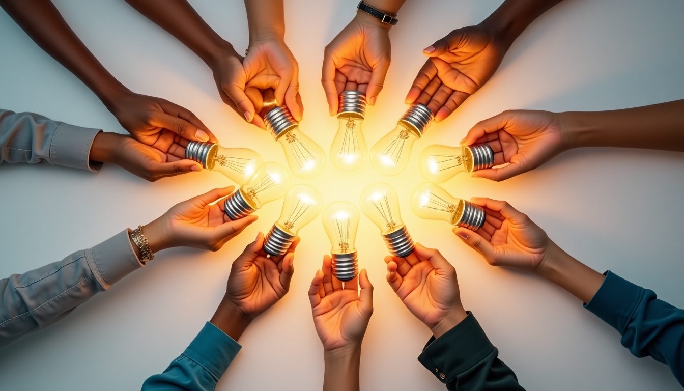 Create an image of a group of diverse hands coming together in a circle, each holding a glowing light bulb. The hands should represent unity, collaboration, and the sharing of ideas. The light bulbs should emit a warm, inviting light, symbolizing innovation, creativity, and enlightenment. The background should be minimalistic, perhaps a white or light grey surface, to keep the focus on the hands and light bulbs. Add subtle shadows to give depth and make the light bulbs appear more luminous. The overall mood should be inspiring and hopeful, suggesting that collective effort leads to bright ideas and progress.