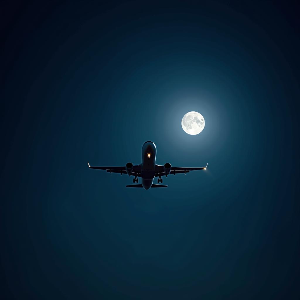 A plane is flying in the night sky, the moonlight is shining on the plane, and there is a bright moon in the distance