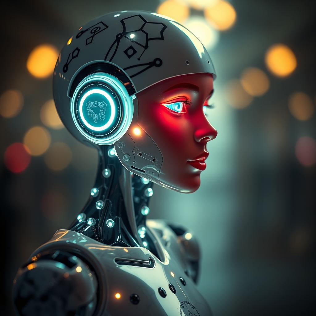 surreal robot female, inside luminous glow, funkadelic psychosis, out shell plastic shiny reflection overlay with a schematic engraved in marble, cinematic, led lit, bokeh