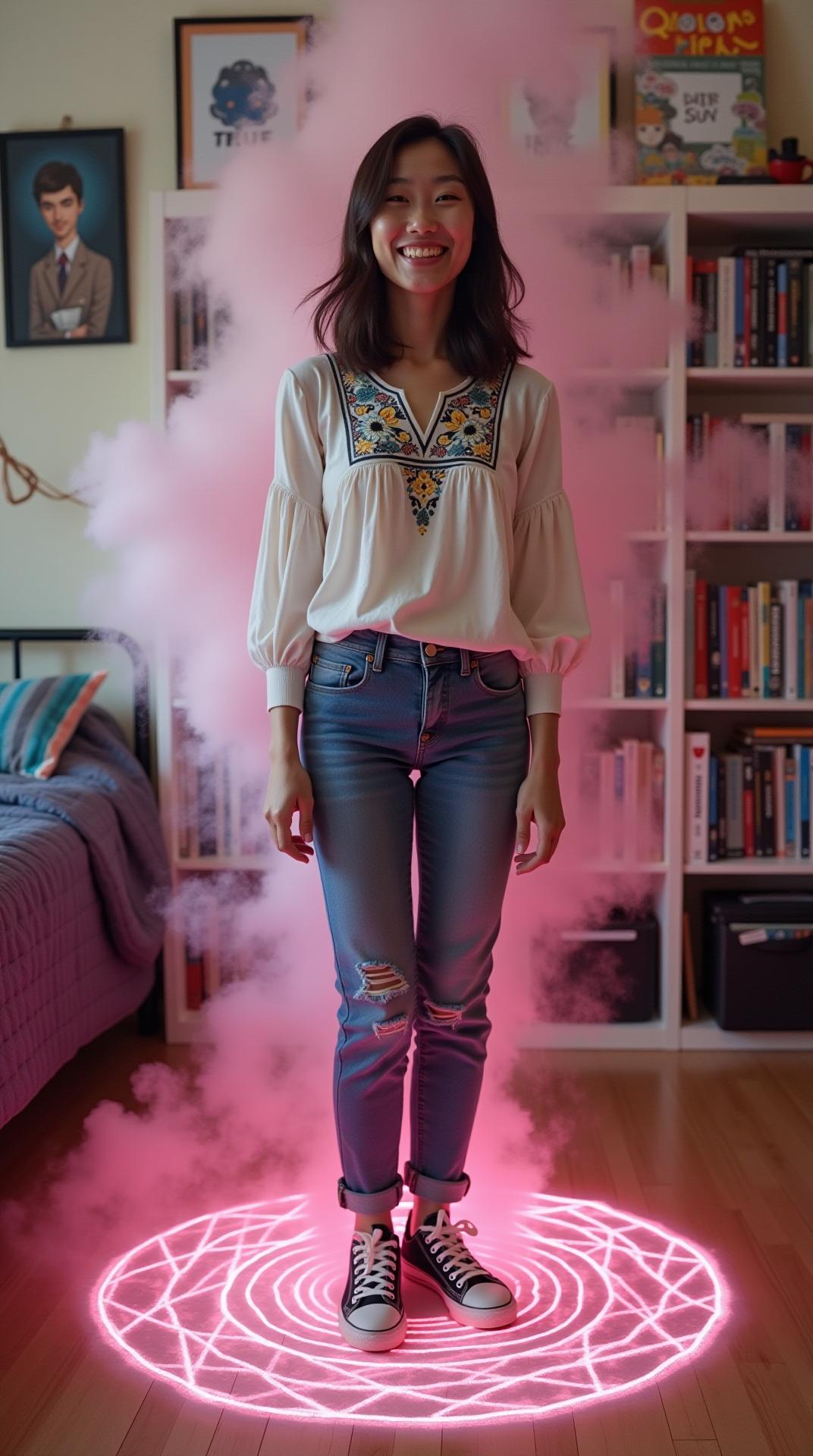 amused chuckling amazed delighted surprised thrilled excited nerdy geeky Asian teen girl young woman age 18, crinkled eyes, chin length hair, wearing an embroidered peasant top, blue jeans and sneakers, surrounded by pink smoke standing upright standing straight on small glowing intricate magic circle drawn in pink chalk on floor in messy teen boy's college dorm room, boyish decorations and masculine posters, bookcase, blurry background, daytime