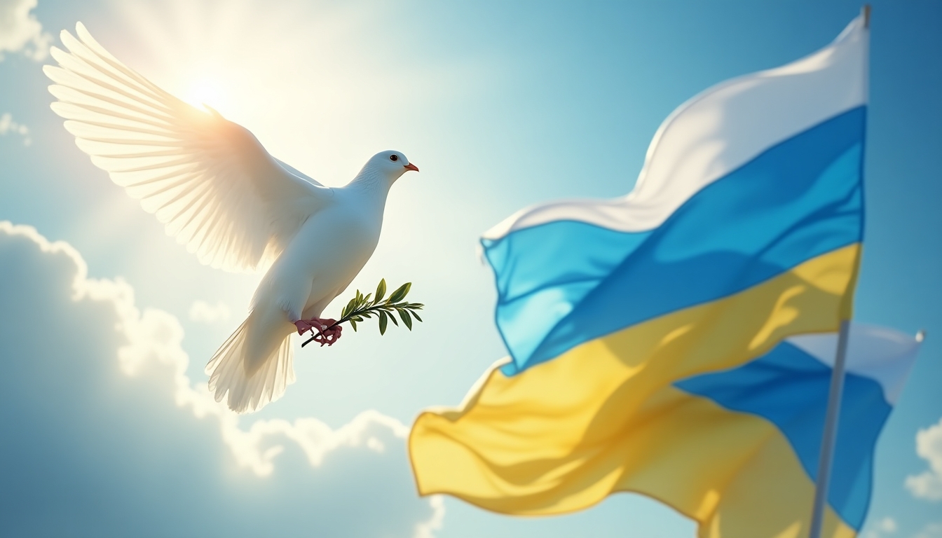 Create an impactful image that symbolizes peace and unity between Ukraine and Russia, using the provided image as inspiration. The image should feature a majestic white dove holding an olive branch, soaring above the intertwined flags of Ukraine and Russia. Enhance the background with a vibrant, clear sky with rays of sunlight breaking through the clouds, symbolizing hope and a new beginning. Ensure the dove is illuminated with a soft, divine light, highlighting its role as a peace messenger. The flags should have a gentle, unifying glow, emphasizing the potential for harmony. The composition should be dynamic, with the dove's wings spread wide, capturing the essence of freedom and peace.