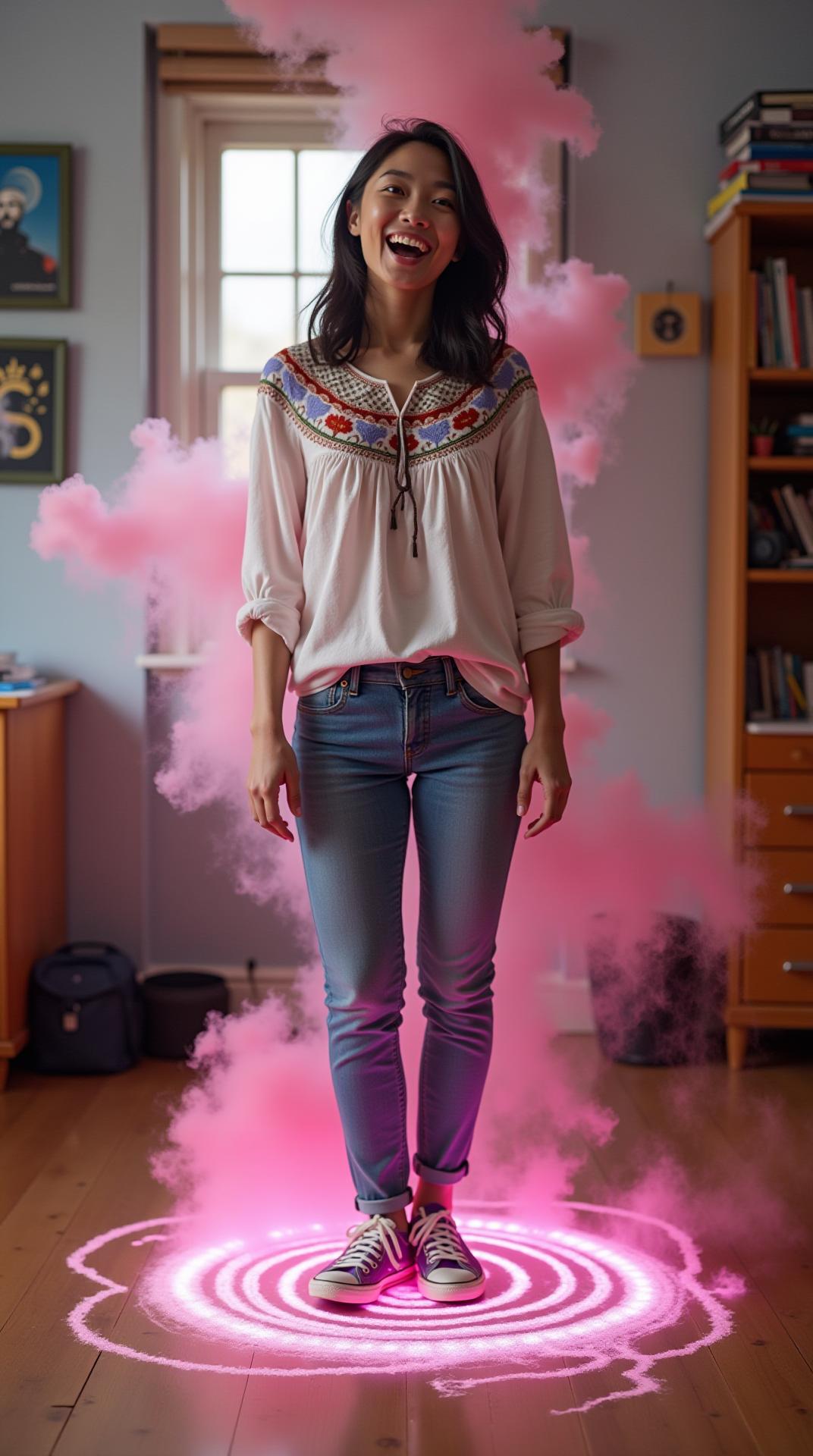 amused chuckling amazed delighted surprised thrilled excited nerdy geeky Asian teen girl young woman age 18, crinkled eyes, chin length hair, wearing an embroidered peasant top, blue jeans and sneakers, surrounded by pink smoke standing upright standing straight on small glowing intricate magic circle drawn in pink chalk on floor in messy teen boy's college dorm room, boyish decorations and masculine posters, bookcase, blurry background, daytime