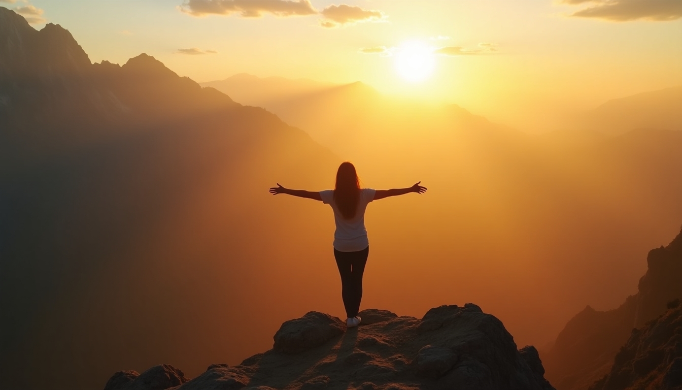 Create an image of a woman standing on a mountain top at sunrise, her arms outstretched towards the sky, capturing the feeling of freedom and joy. The sunlight should create a halo effect around her, with dramatic rays piercing through the morning mist. The landscape should be majestic with rugged mountains in the background, bathed in the warm glow of the rising sun. Ensure the image conveys a sense of triumph and serenity.