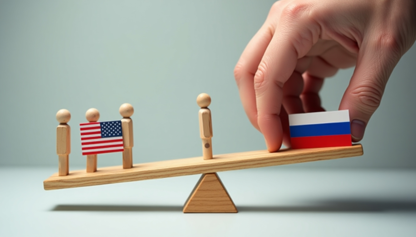 Create an impactful image depicting the geopolitical balance between the United States and Russia, symbolized by a wooden seesaw. On one side, place wooden figures representing the American population under the American flag, and on the other side, place wooden figures representing the Russian population under the Russian flag. A large hand should be shown pressing down on the Russian side, illustrating the influence or pressure exerted. The background should be neutral, focusing attention on the seesaw and the flags. Ensure the image conveys tension, balance, and the concept of power dynamics in international relations.
