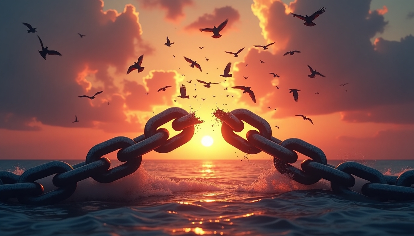 Create an image titled "On The Wings Of Freedom - Birds Flying And Broken Chains - Charge Concept". The scene should feature a dramatic sunset over the ocean, with the sun just above the horizon. The sky should be filled with vibrant hues of orange, pink, and purple. In the center, a large, heavy chain should appear to be breaking apart, with the broken links forming an arch. From the break, a flock of birds should be flying upwards, symbolizing freedom. The birds should be detailed and in various stages of flight, creating a sense of movement and liberation. The overall mood should be one of triumph and release.