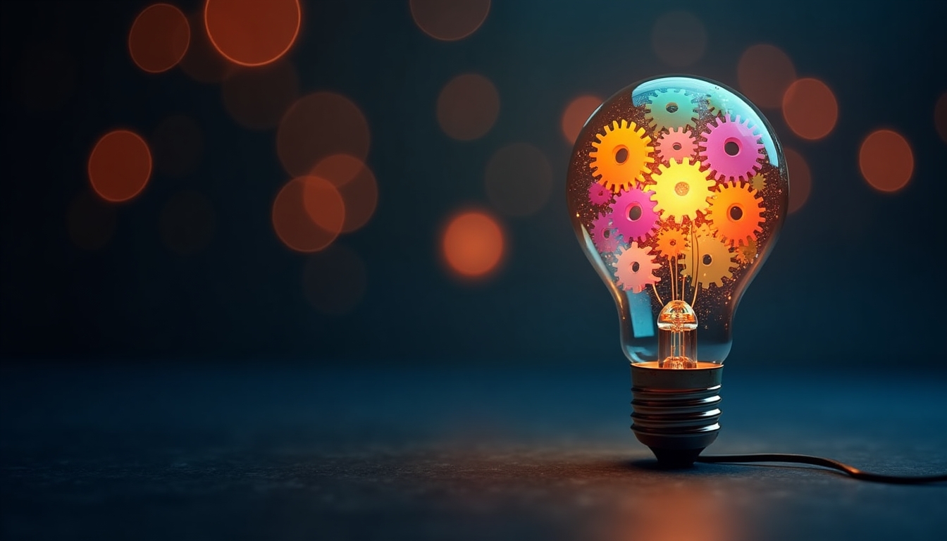 Create an image of a glowing light bulb with a transparent glass filled with colorful gears of various sizes. The gears should be interlocking and appear to be floating inside the bulb, emitting a vibrant light from within. The background should be a dark gradient with soft bokeh lights in different colors to enhance the depth and focus on the light bulb. The overall tone should convey innovation, creativity, and the integration of technology and ideas.