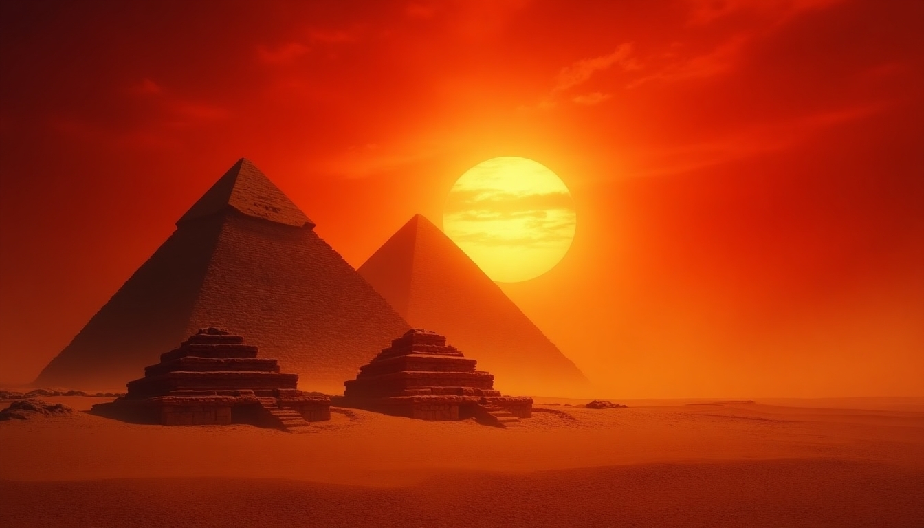 Create an image of the Pyramids of Giza under a dramatic, fiery red sky. The sun should be large, setting behind the pyramids, casting an intense red glow over the entire scene. The sand should appear golden, contrasting with the deep red of the sky. Add a mystical touch with subtle smoke or mist around the pyramids, enhancing the otherworldly atmosphere. Ensure the image is vivid and striking, capturing the ancient grandeur and the surreal beauty of the moment.