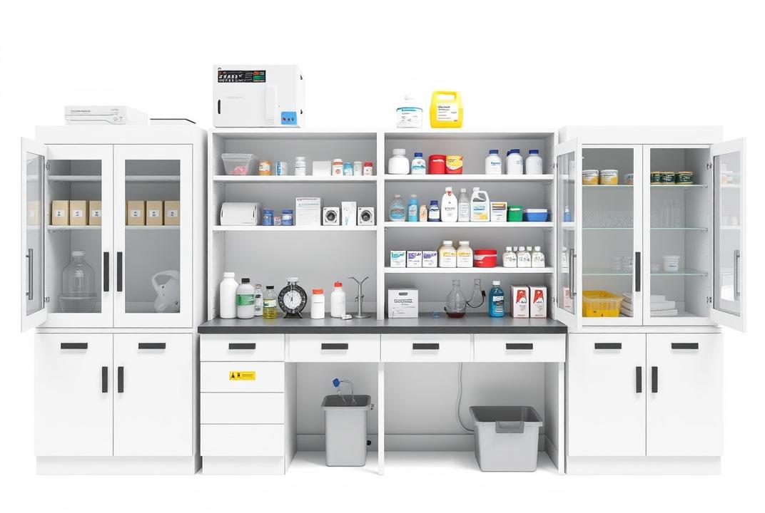 . Lab Cabinets: A few lab cabinets with different laboratory equipment and supplies, on a white background.;