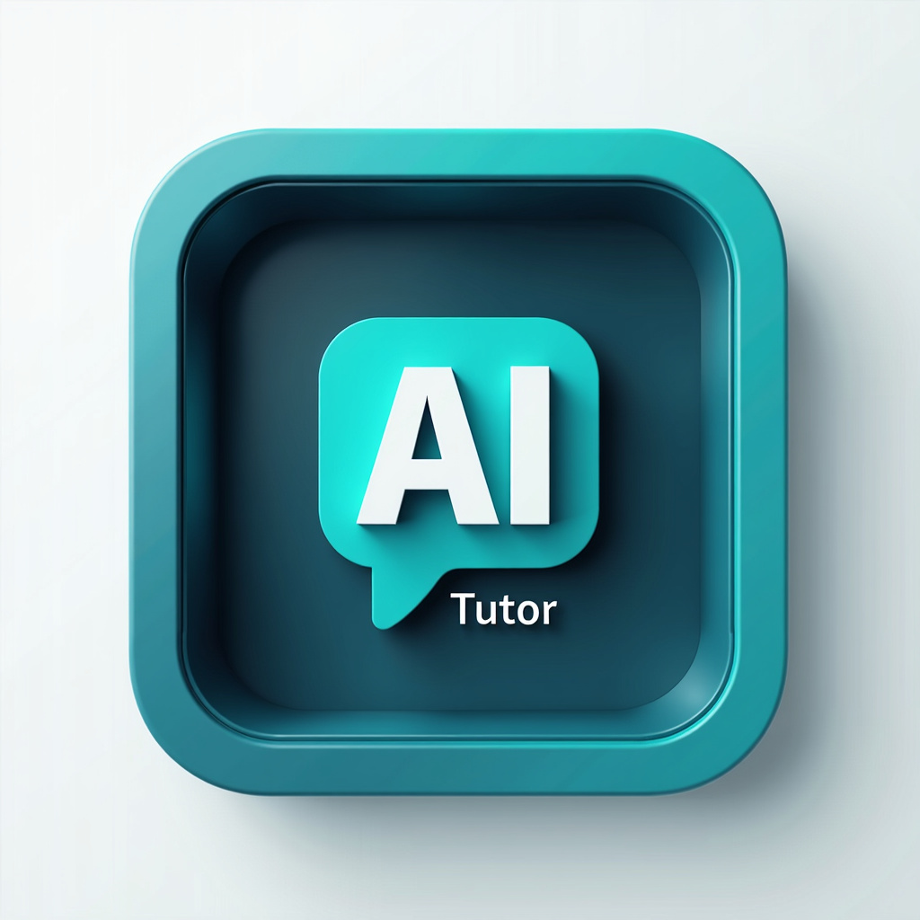 Create a 4K resolution logo for an educational platform named "AI Tutor". The design should feature a central rounded square with a 3D effect but viewed directly from the front, so no side of the square is visible. The square should have a gradient border transitioning smoothly from deep teal at the inner edges to a lighter aqua on the outer edges, giving it depth and a polished modern appearance. The interior of the square should be filled with a rich, deep navy blue color, creating a sense of solidity and depth.

Inside the square, place a bold, clear speech bubble icon with a smooth gradient fill that starts with a light sky blue at the top and transitions to a darker teal at the bottom, enhancing the 3D look. Inside this speech bubble, display the exact letters "AI" in a large, bold, white sans-serif font, with a subtle shadow effect to create depth. Below the speech bubble, add the word "Tutor" in a clean, sans-serif font, in a bright aqua or light blue color, also with a slight shadow to emphasize the 3D effect.

The logo should have a subtle 3D appearance, with elements that look slightly raised from the flat white background, but ensure the view is strictly from the front without any visible side edges. The background around the square should be pure white to create a sharp contrast, drawing attention to the central logo. Ensure the image is crisp, with high-resolution details, vibrant colors, and a visually appealing 3D effect that stands out, making it perfect for use on any digital platform.