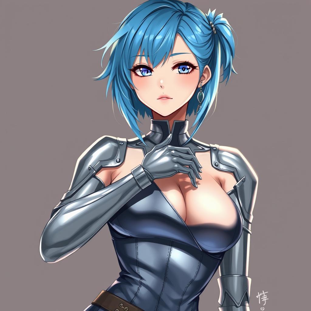 A stylish blue-haired woman with silver metal plates covering her arms and torso. anime, digital art, dream-like