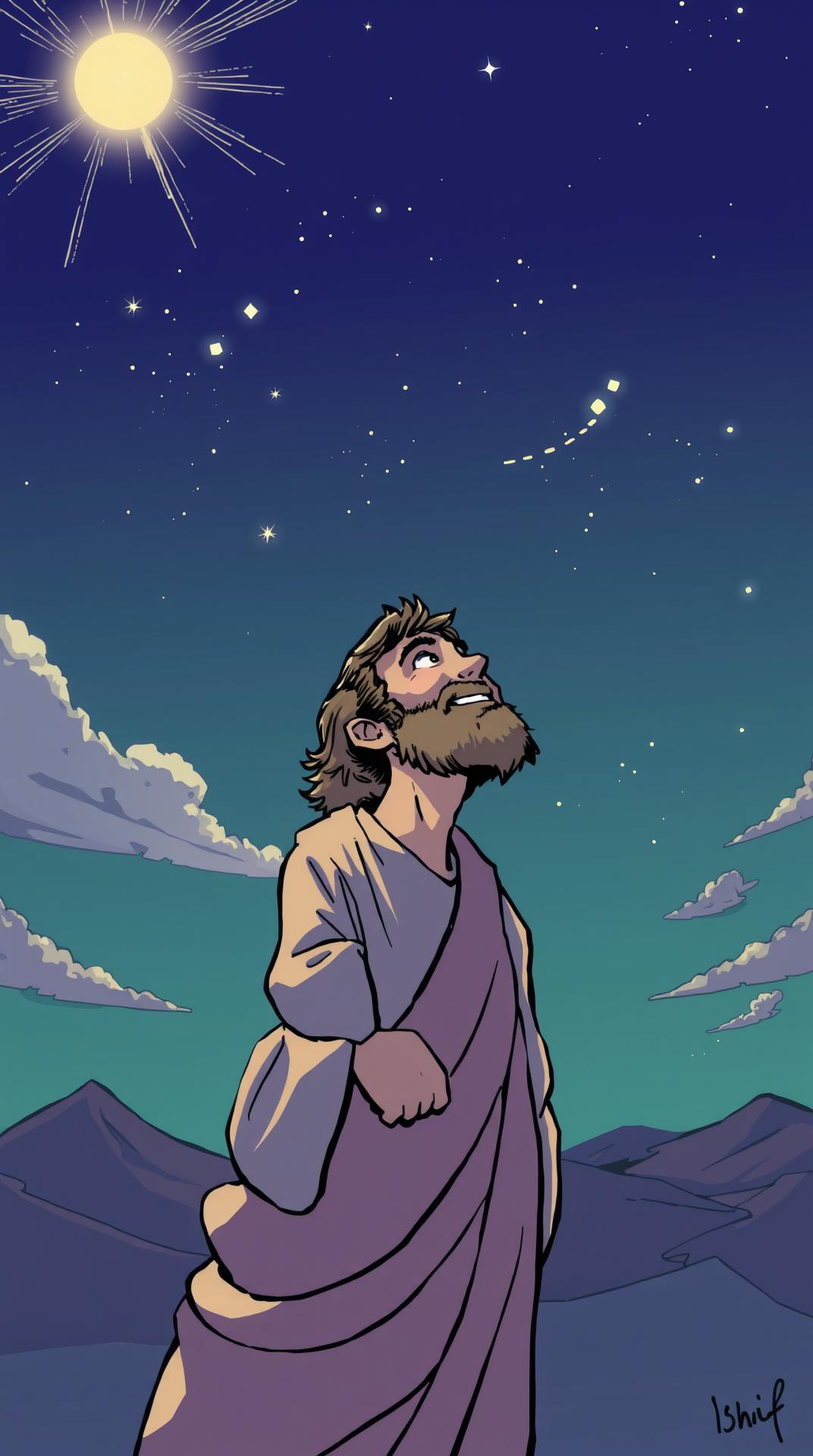 isarel male prophet, looking at the sky, smilling, illusrated, comic 