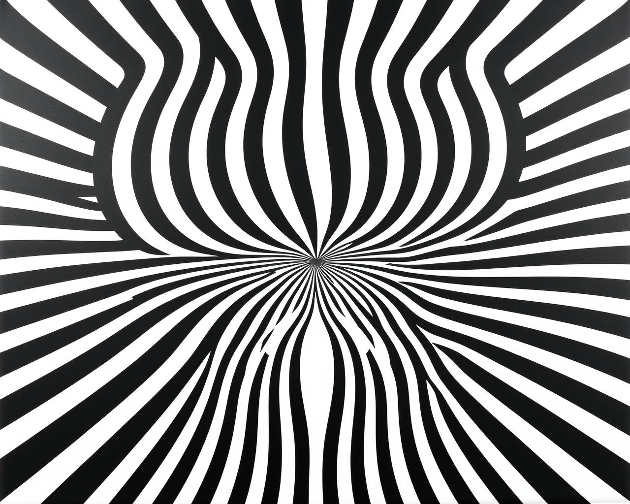 An optical illusion art with a black and white striped pattern.  It covers the entire canvas.  The transitions are smooth and gentle and lead into a circular pattern