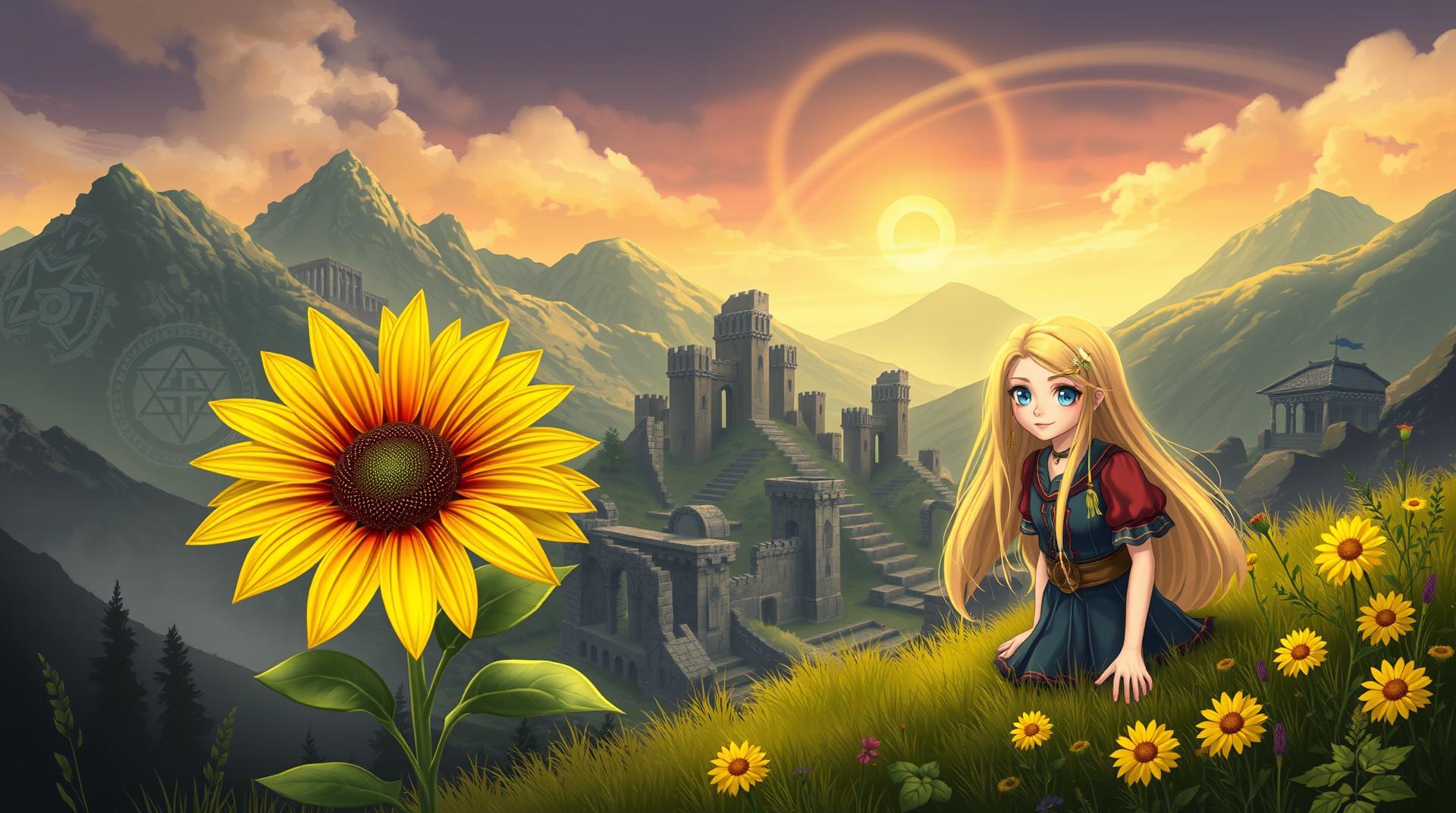 Somewhere in the mountains, among the ruins of an ancient city, full of magical symbols, grows a flower similar to a sunflower but with rainbow-colored petals. Next to this flower is a young man with a blonde girl with blue eyes who admires this flower.