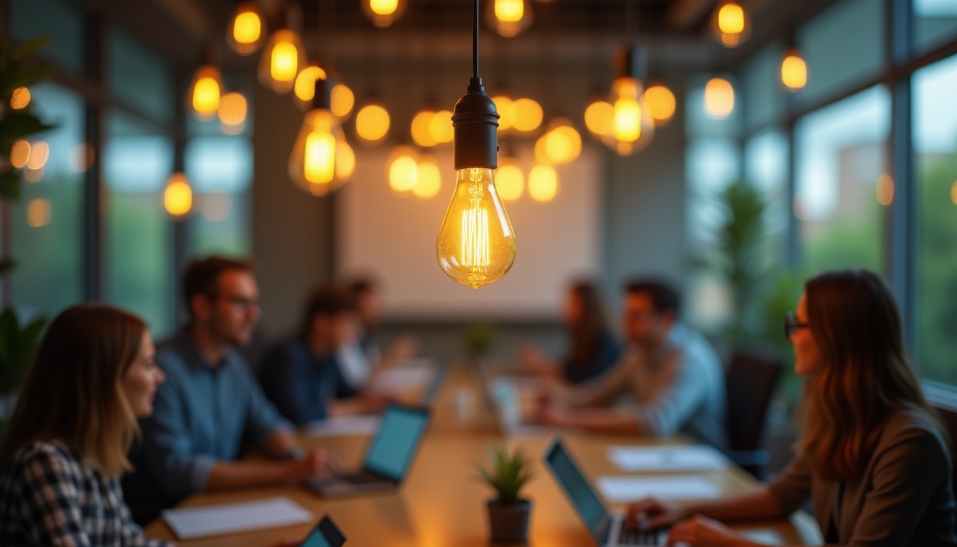 A vibrant and dynamic office scene with young creative business people engaged in a brainstorming session. The image should have a blurred background to emphasize the focus on the glowing light bulb hanging from the ceiling, symbolizing innovation and ideas. The office should have modern decor with plants adding a touch of nature. The atmosphere should exude energy, collaboration, and creativity. Ensure the lighting is warm and inviting, highlighting the light bulb as the central element of inspiration