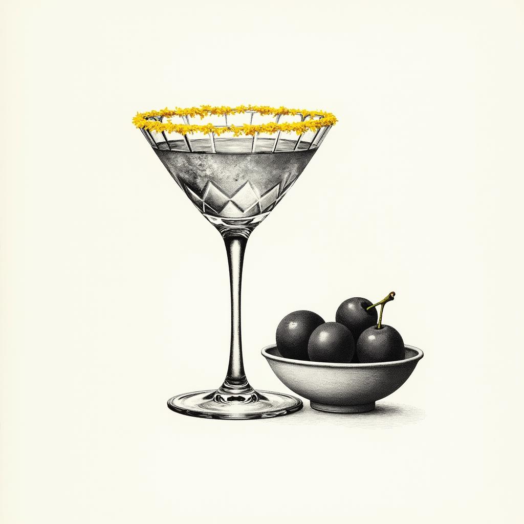 A lithographed print of a brandy crusta cocktail. It should be grey scale. The cocktail glass should be a cut crystal cocktail glass. The lemon zest should be around the rim of the glass. Next to it should be a small bowl of 3 sugar-dusted grapes.