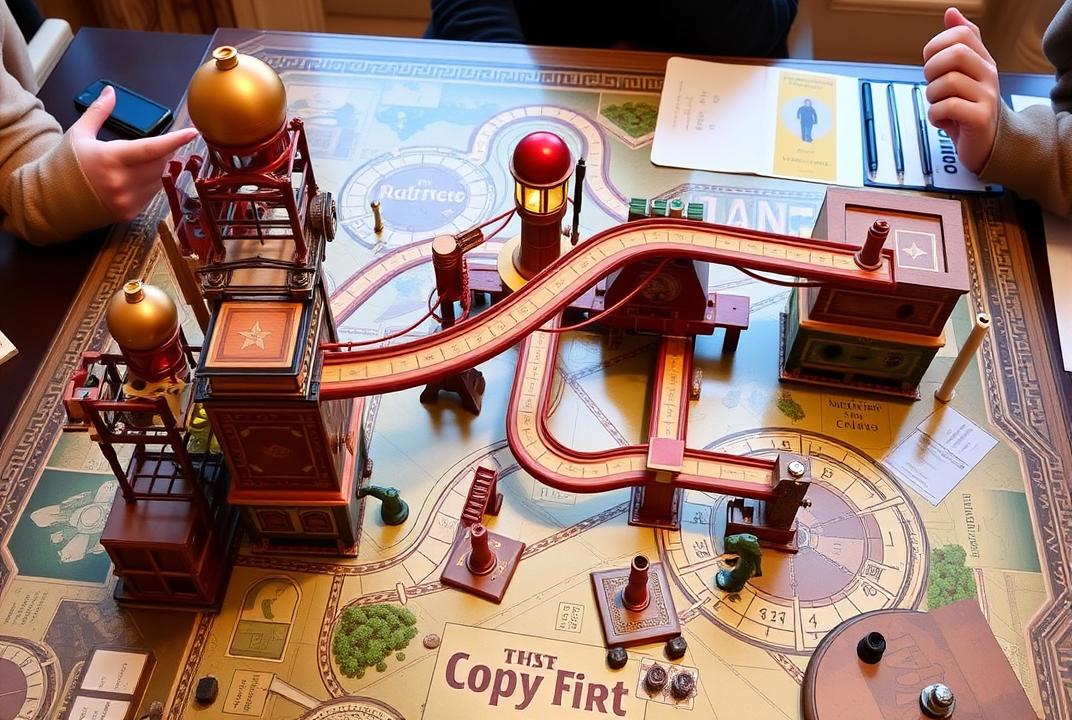  - A complex board game with a Rube Goldberg-style contraption that players build as they progress. ;