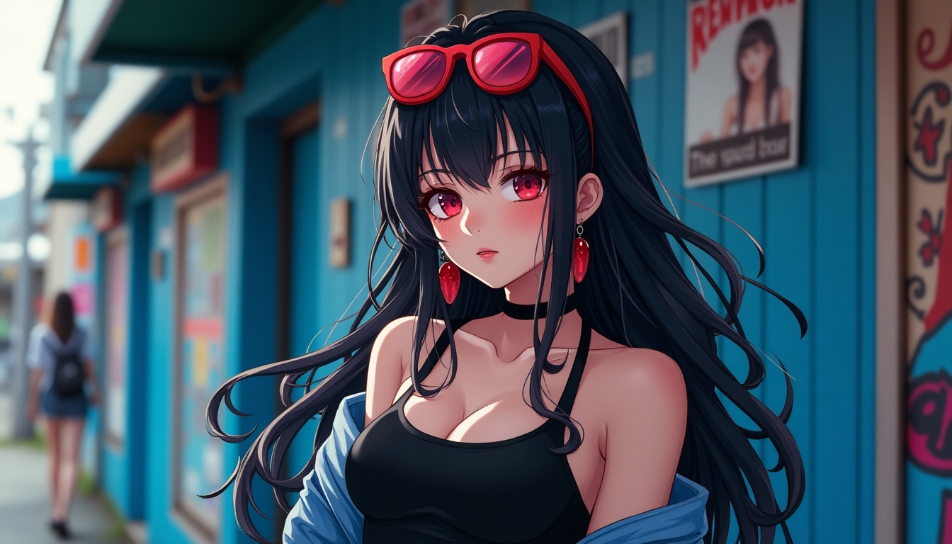 Create an image of a stylish, modern anime style young woman with long, flowing black hair, adorned with red sunglasses on her head and red earrings. She is wearing a black tank top, and an off-shoulder denim jacket. The background is a vibrant, urban setting with blue walls and various posters. The overall style should be cyberpunk with a touch of realism, emphasizing the contrast between the character and the gritty urban environment.