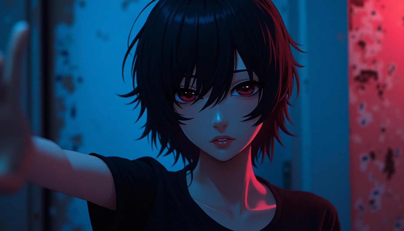 
Create an image of a mysterious anime-style woman with short, tousled black hair, bathed in dramatic blue and red neon lighting. Her expression should be enigmatic, with a hint of intensity, as she extends one arm out, creating a dynamic pose. The background should be a gritty, urban setting with peeling paint, enhancing the contrast between her and the environment. The lighting should emphasize her features and create a sense of depth and moodiness.