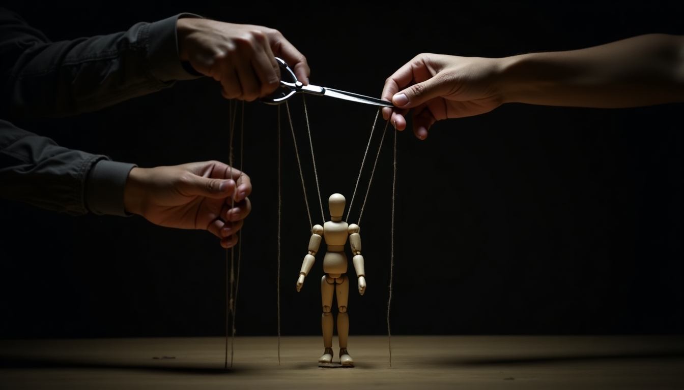 Create an image that metaphorically represents the fragility of control and dependency. Show a pair of hands, one holding a pair of scissors and the other holding three strings attached to a wooden puppet. The puppet should look distressed as if it's about to lose support. Use dramatic lighting to emphasize the tension and the imminent cut of the strings. The background should be dark to enhance the focus on the action.