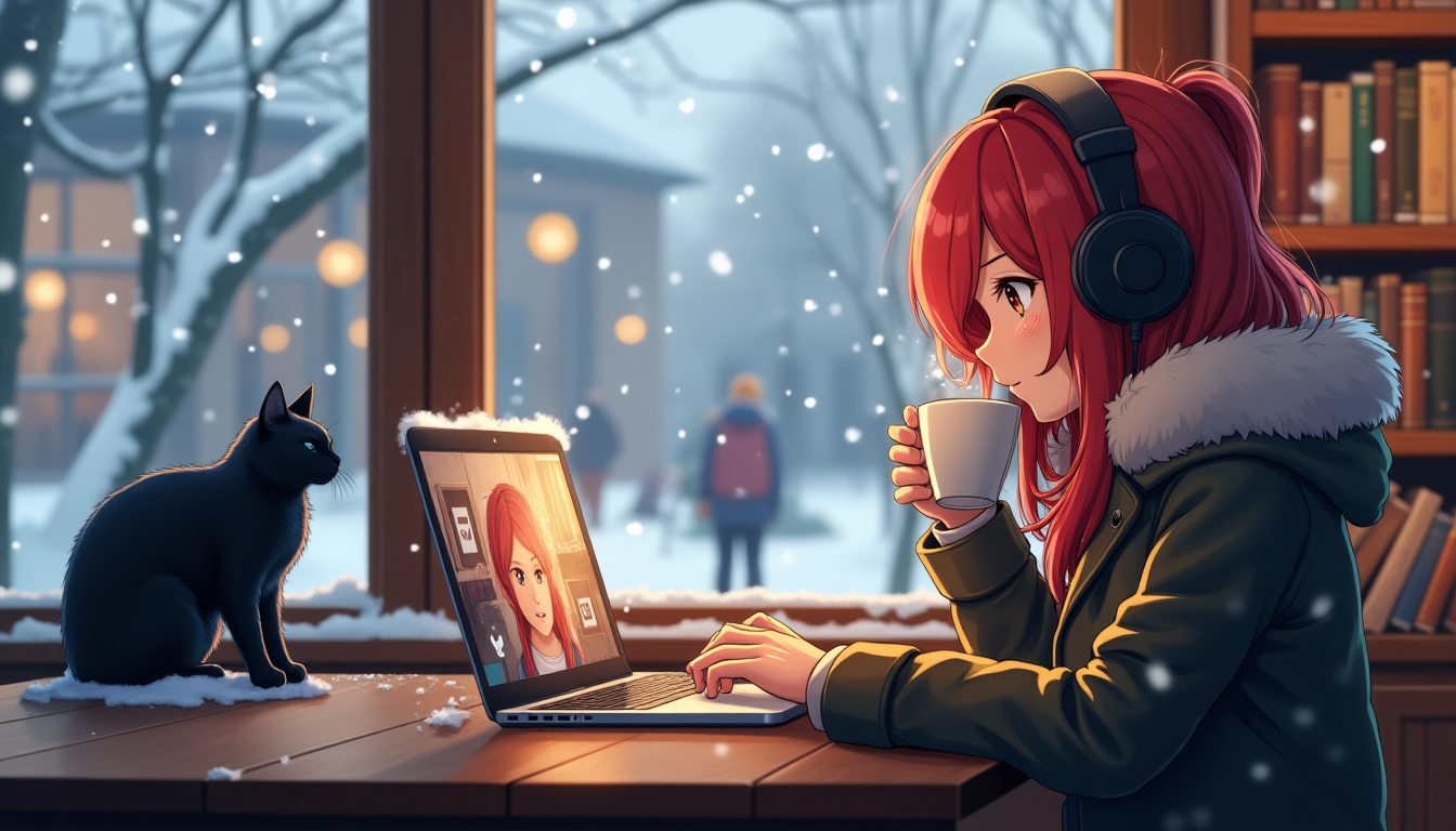 Create an image of a cozy winter scene inside a warmly lit library. A young anime-style woman with red hair, wearing large headphones and a fur-lined parka, is sitting at a table working on her laptop. She is sipping hot coffee, with steam visibly rising from the cup. The laptop screen shows a video call with friends. Snow is gently falling outside the large window, where a black cat is sitting on the windowsill, looking out. In the background, there are a few people reading books. The atmosphere is serene and focused, highlighting the contrast between the warm interior and the cold, snowy exterior.