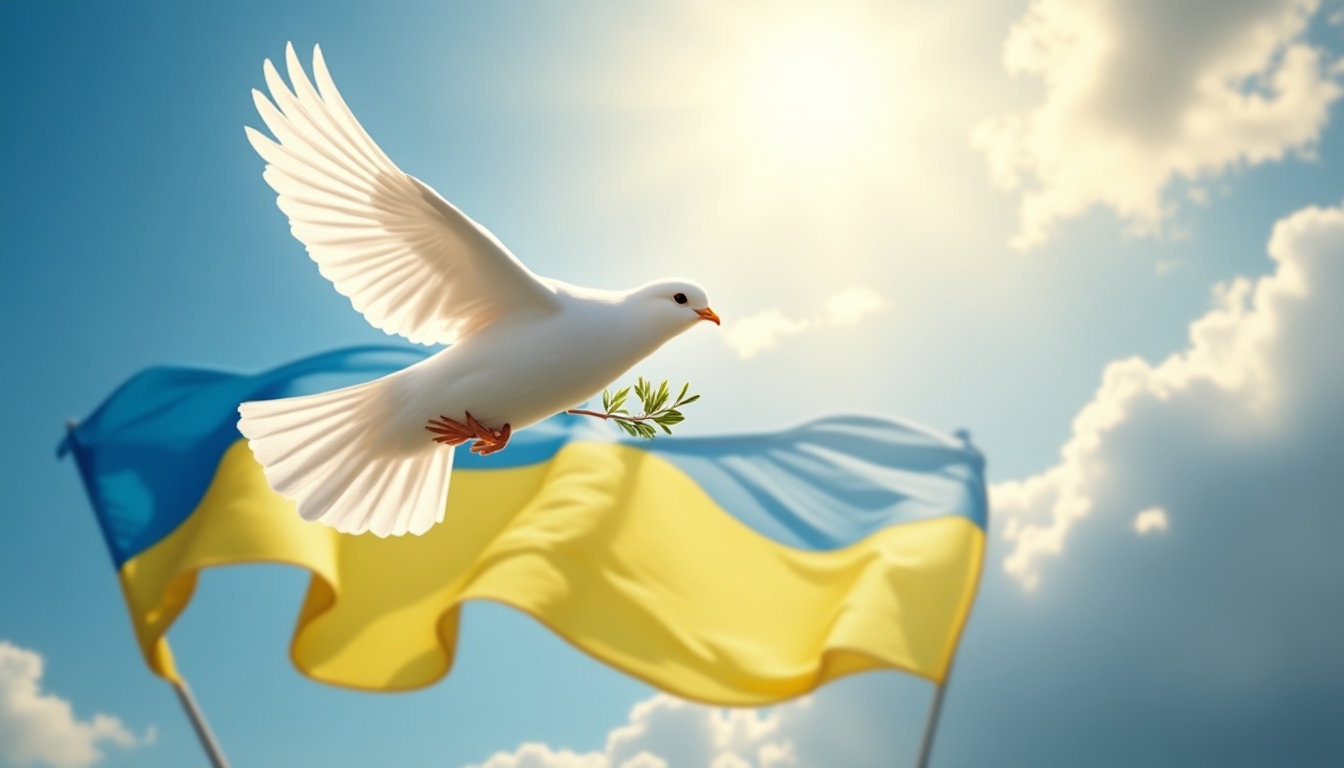 Create an impactful image that symbolizes peace and unity between Ukraine and Russia, using the provided image as inspiration. The image should feature a majestic white dove holding an olive branch, soaring above the intertwined flags of Ukraine and Russia. Enhance the background with a vibrant, clear sky with rays of sunlight breaking through the clouds, symbolizing hope and a new beginning. Ensure the dove is illuminated with a soft, divine light, highlighting its role as a peace messenger. The flags should have a gentle, unifying glow, emphasizing the potential for harmony. The composition should be dynamic, with the dove's wings spread wide, capturing the essence of freedom and peace.