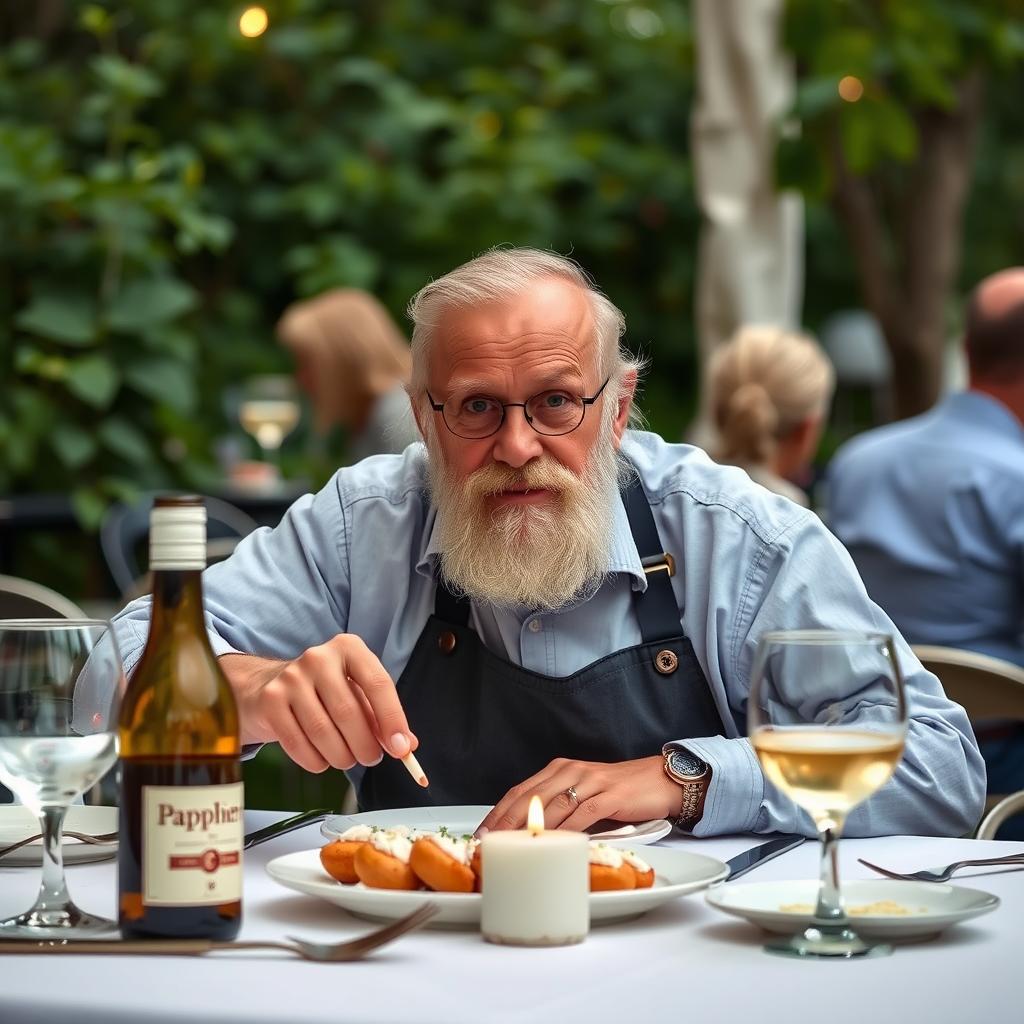 Een blije pappenheimer aan tafel 