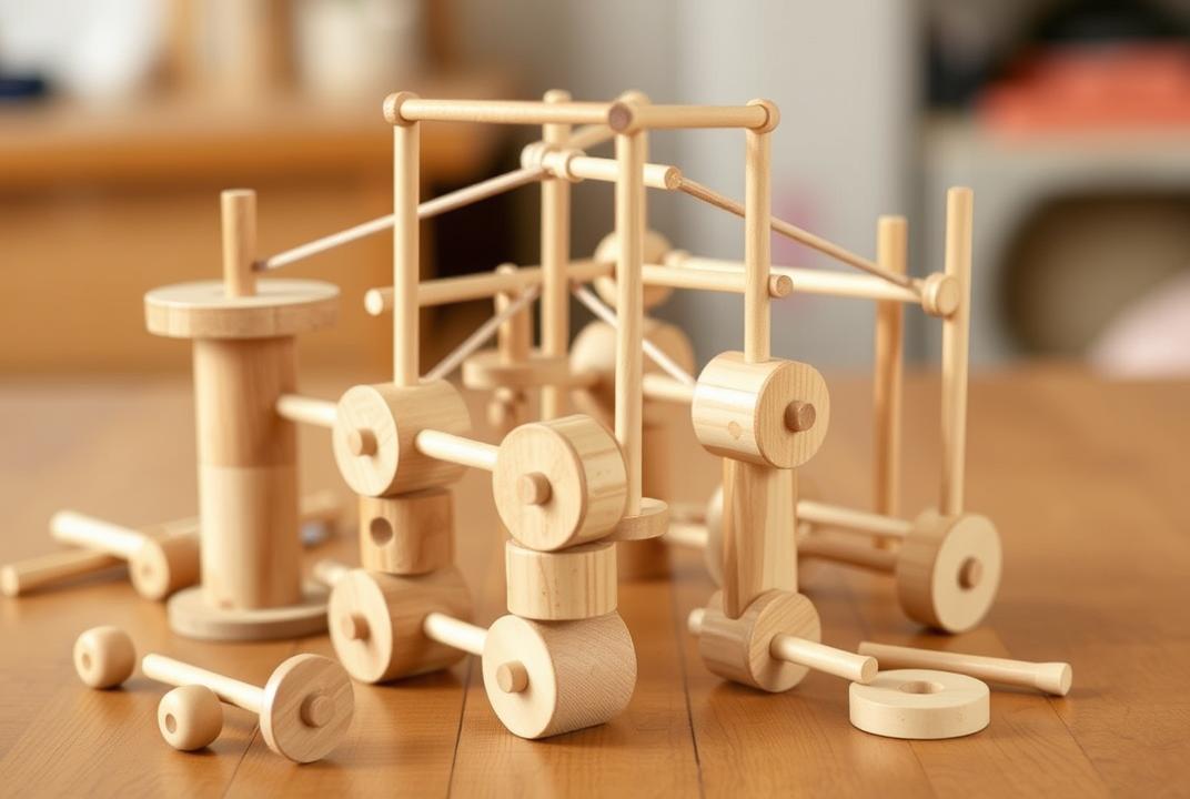  - A construction toy made of wooden spools and rods. Kids use these pieces to create structures, encouraging creativity and engineering skills. ;