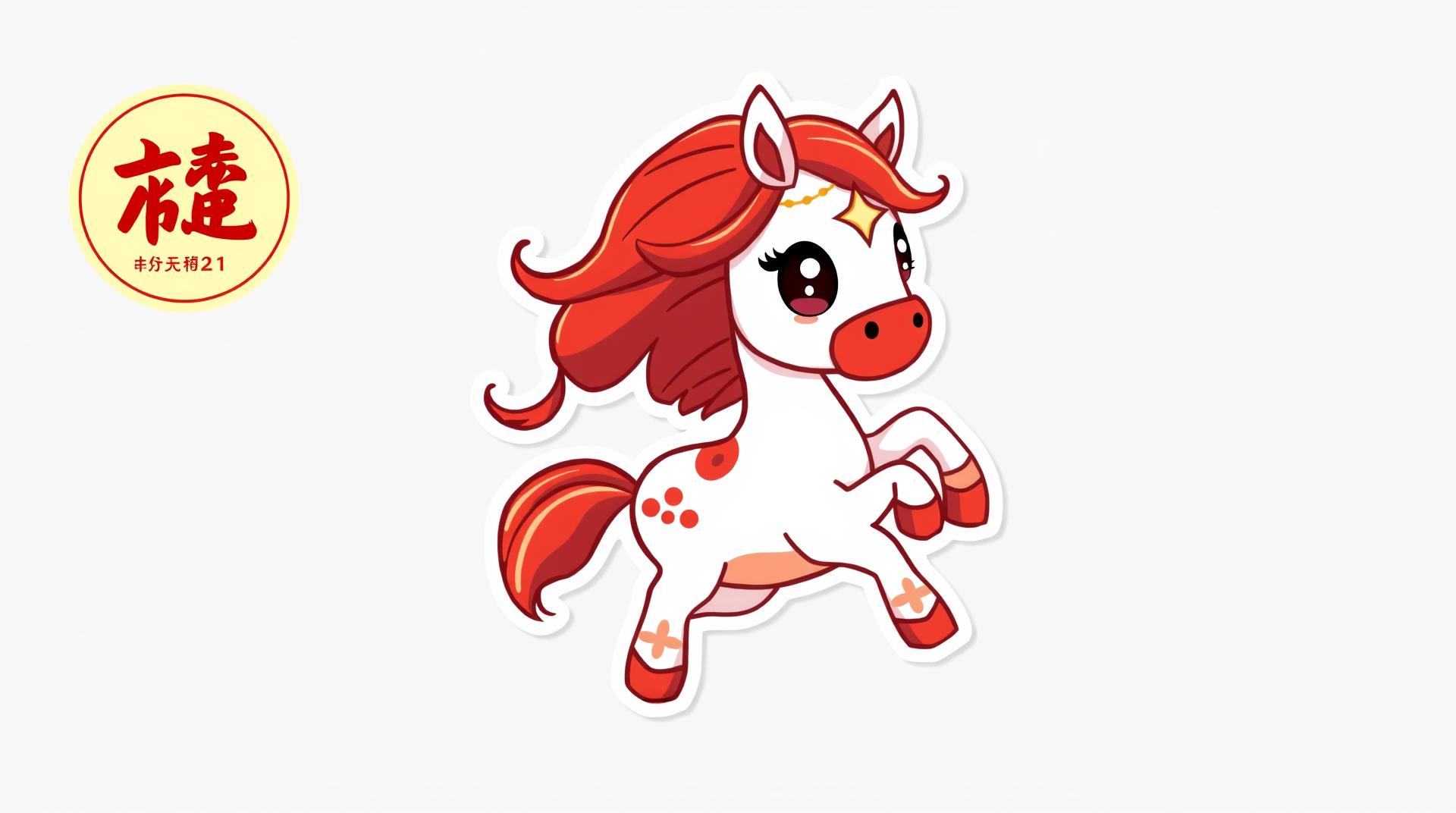 Chinese New Year horse sticker design, kawaii baby horse with big sparkling eyes, prancing pose with flowing mane, minimalist flat design with clean outlines, vibrant red and white color palette accented with golden details, traditional cloud patterns on hooves, stylized lightning symbol on forehead, gradient stardust tail, isolated on transparent background, high-contrast color blocking, playful cartoon style with subtle metallic shine