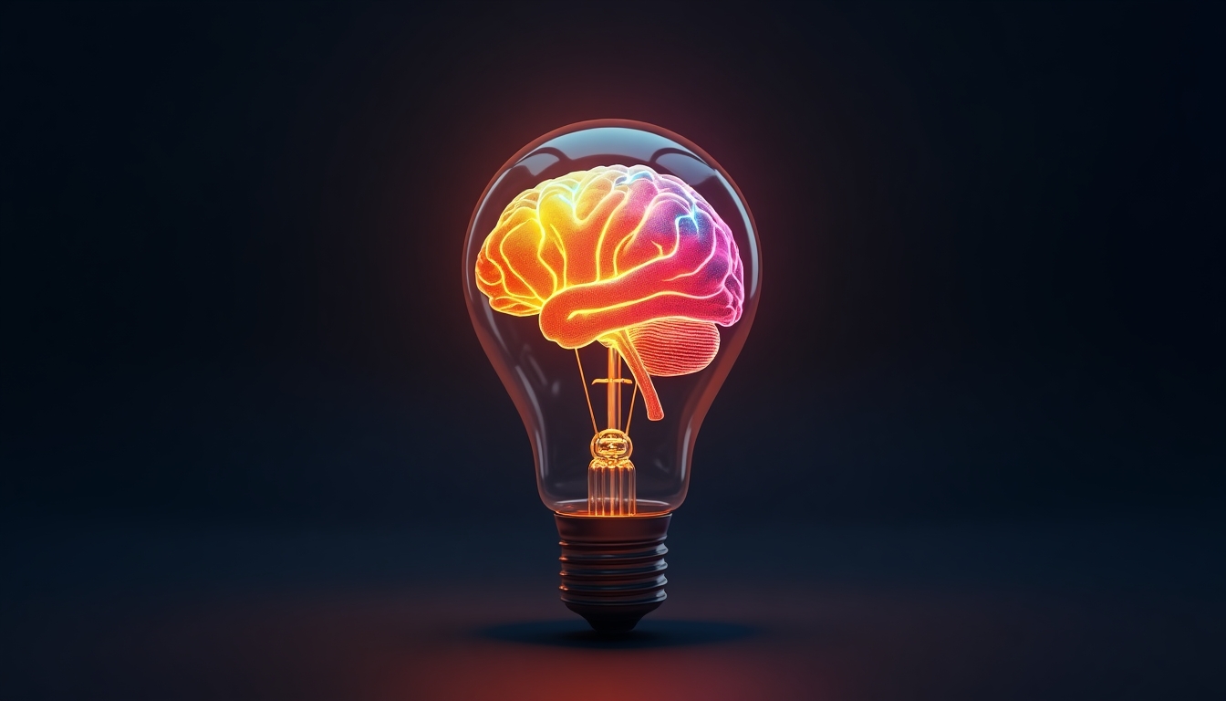 Create an image where a glowing light bulb contains a highly detailed and vibrant human brain. The brain should be illuminated with a spectrum of colors, symbolizing the diversity of thought and creativity. The background should be dark to contrast and highlight the bright, dynamic brain inside the bulb, giving a sense of innovation and intellectual enlightenment